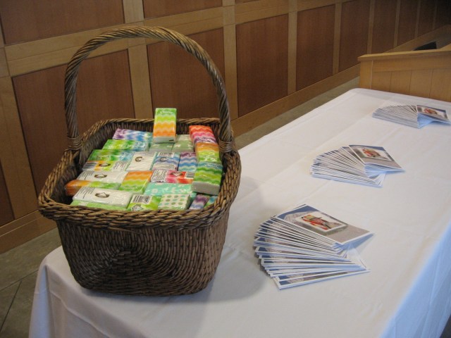 Tissus and brochures await those coming for Ranger Margaret Anderson's memorial service